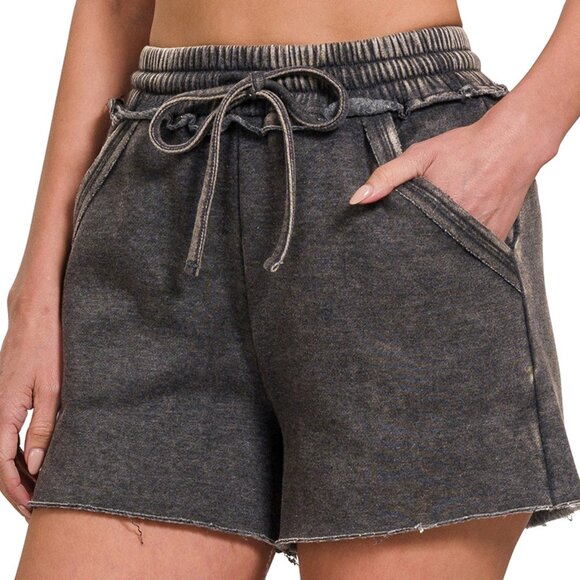NWT Ladies Ash Black Acid Wash Fleece Drawstring Shorts with Pockets - Small - Picture 2 of 2
